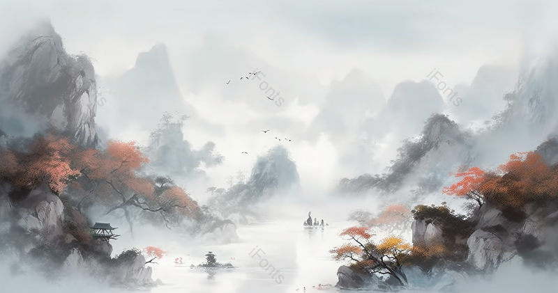 秋天枯树叶黄水墨山水画中国风背景,插画/手绘图,插画/手绘图库,插画/手绘图下载,插画/手绘